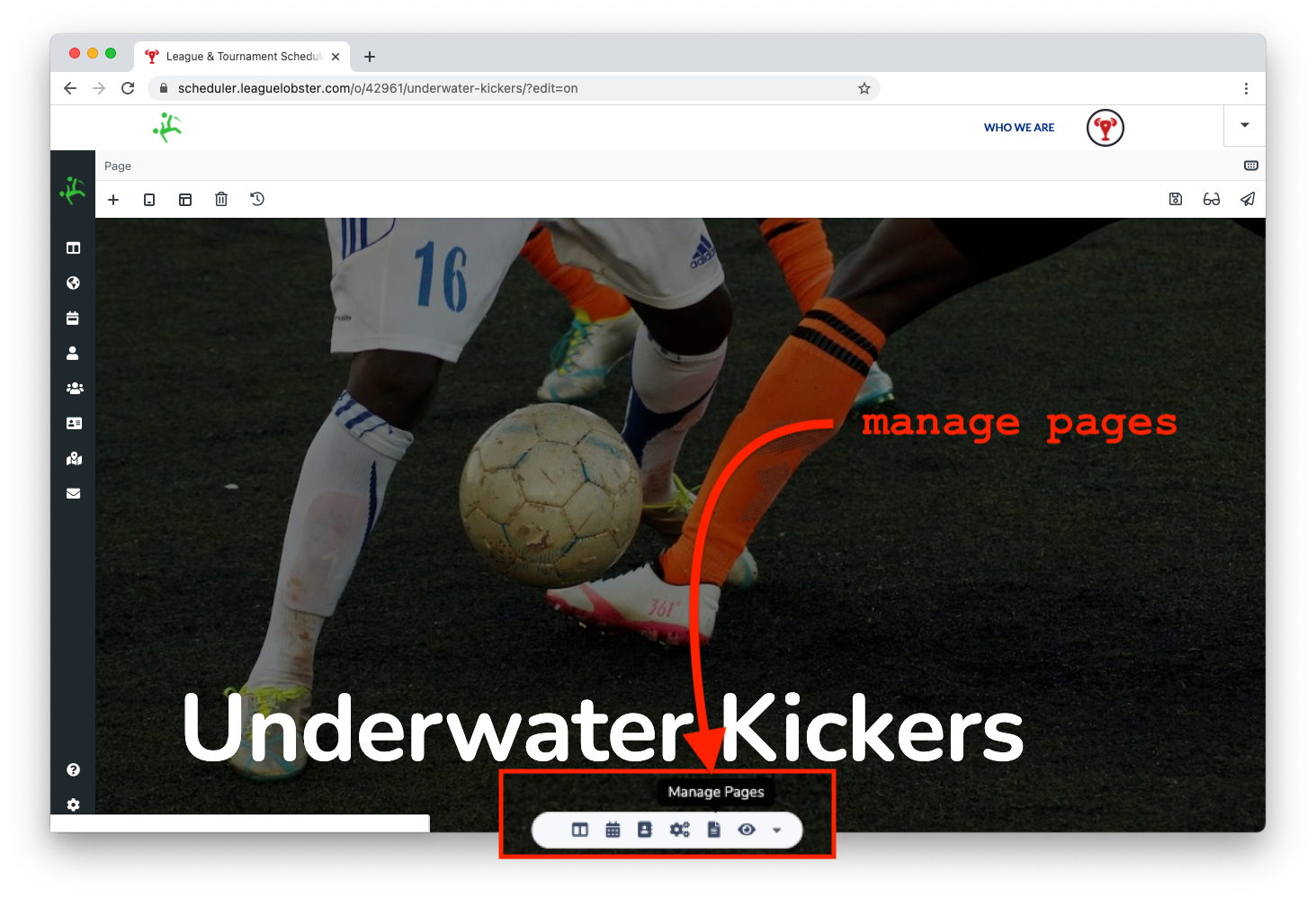 screenshot showing the manage pages button at the bottom of the club page