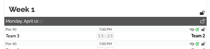 sports schedule with half points entered for scores