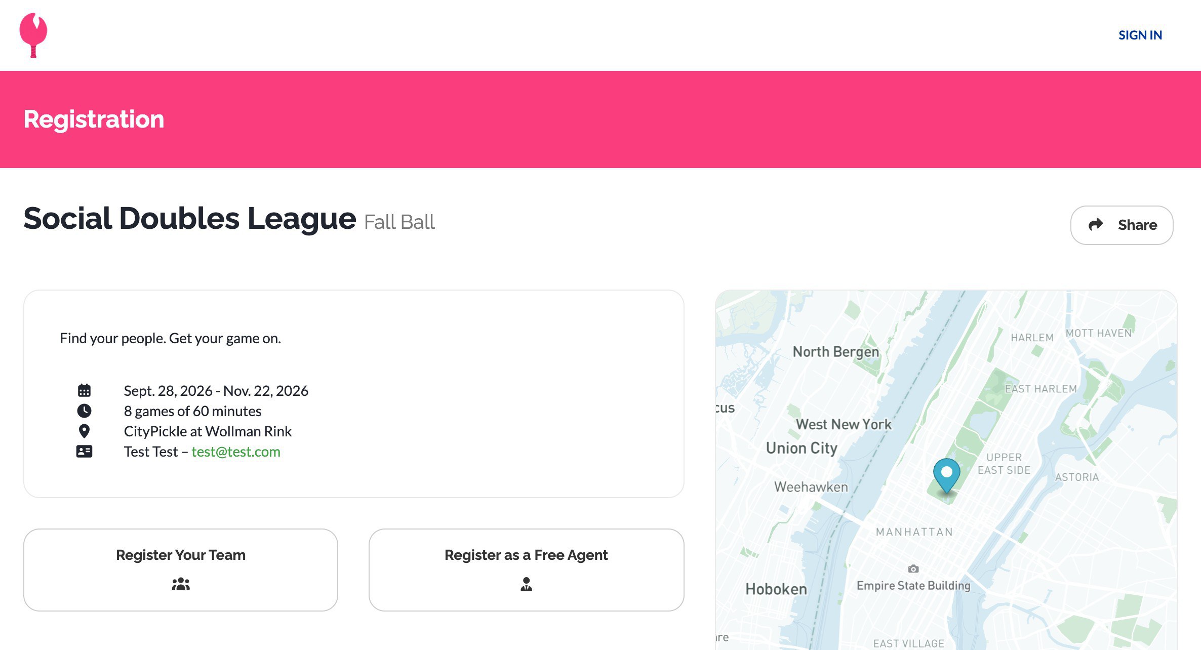 Example registration page for a doubles league